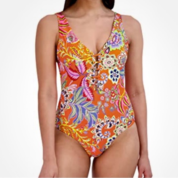 BCBGMAXAZRIA Tropical Print Orange Swimsuit 🩱 Sz M NWT One Piece - Picture 2 of 10